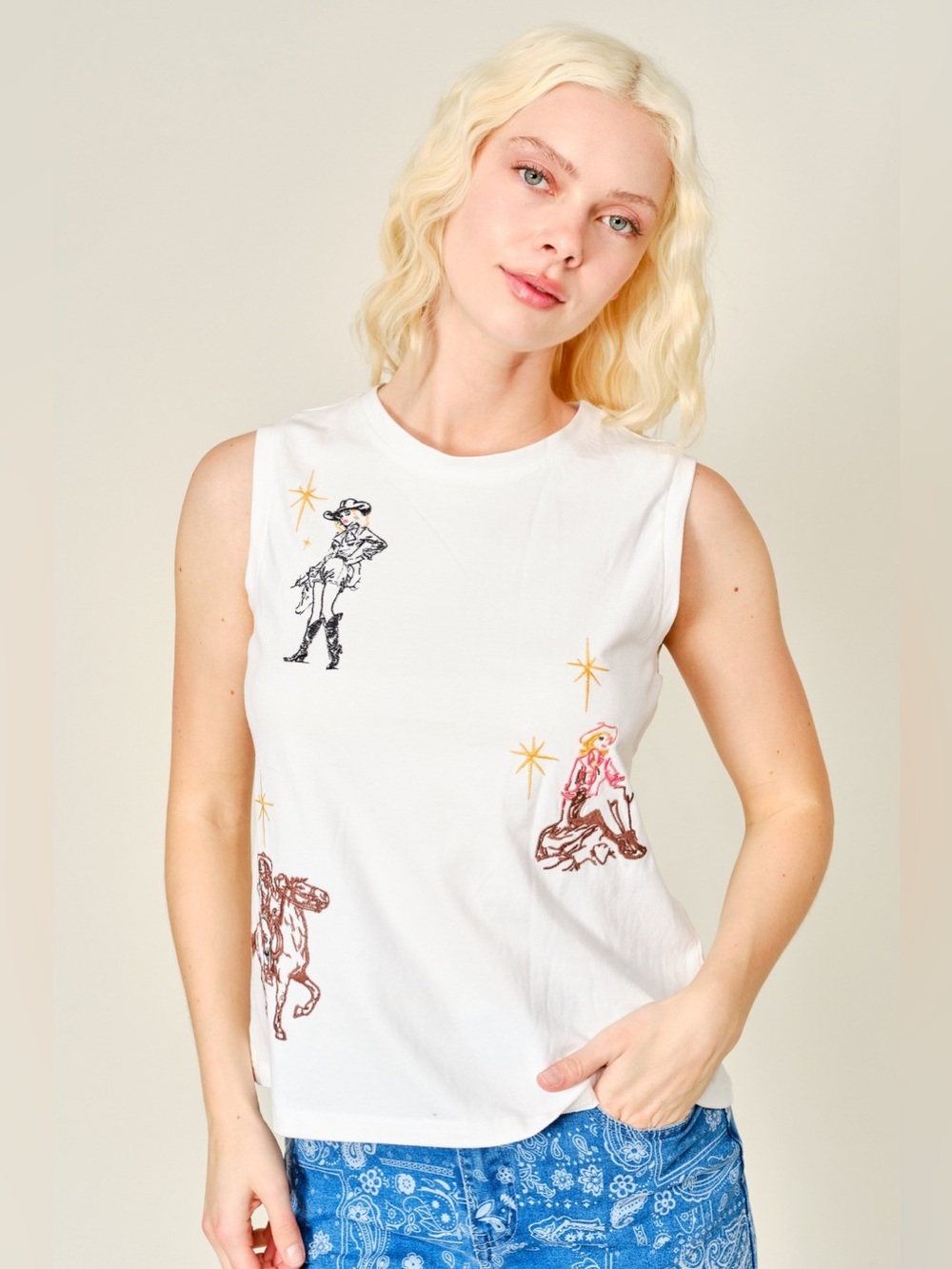 Embroidered Western Cowgirl Tank Top - Blue B